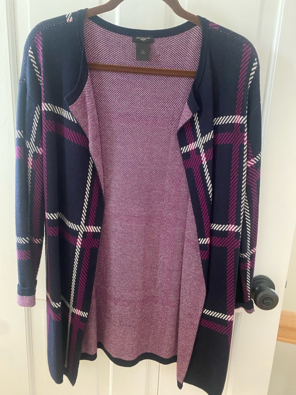 Ann Taylor Navy & Purple Plaid Open Front Cardigan